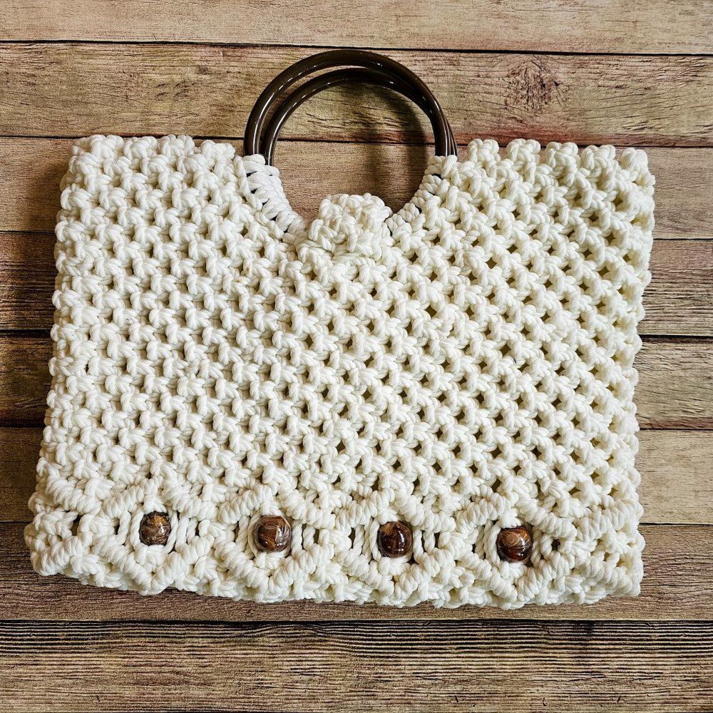 Vintage Retro Handmade Macramé Crochet handbag with Beads Boho Bohemian Grandma - Picture 2 of 12